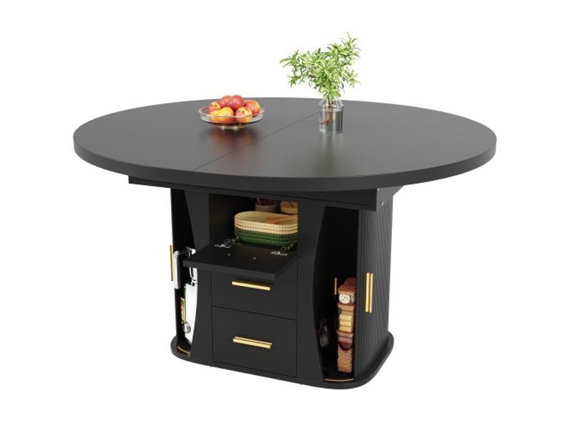  Table à manger extensible noire – ronde ou ovale – 118-158 cm – 6 places – rangement à 3 niveaux  - Conforama A