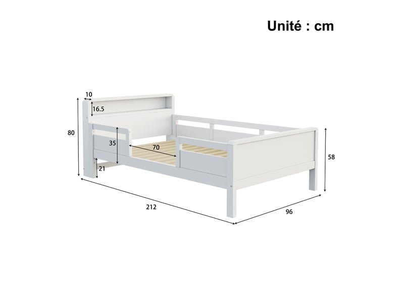  Lit simple 90x200 cm - lit multifonction avec port usb type-c, éclairage led et tête de lit avec espaces de rangement - sans matelas - bois de pin et mdf - naturel  - Conforama C