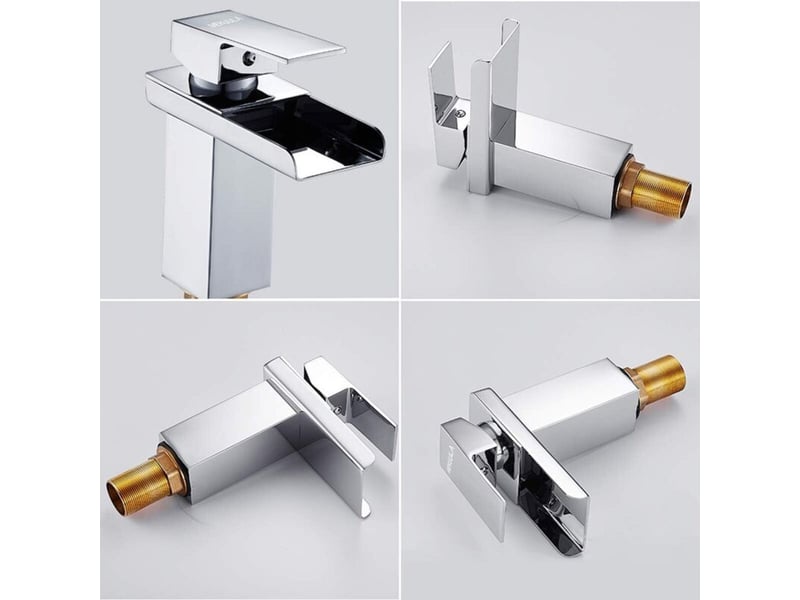  Robinet de lavabo de salle de bain, mitigeur de lavabo cascade au design moderne, eau chaude et froide disponible, laiton chromé (sans tuyau)  - Conforama D