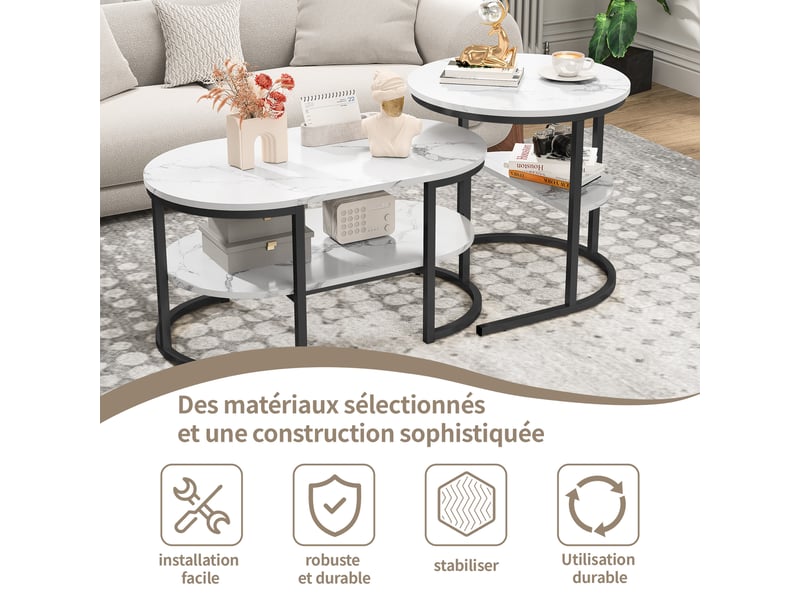  Lot de 2 tables basses gigognes , structure en métal , moderne table d'appoint rondes ,plateau aspect marbre, blanc et noir ,80 x 46 x 41 cm et ø52cm  - Conforama R