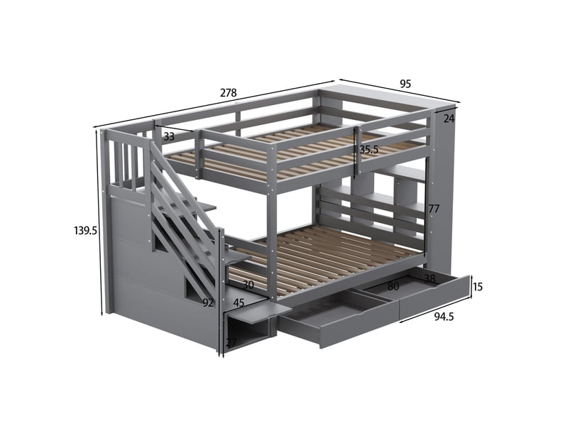  Lit superposé, 90x200 cm, avec escalier de sécurité, solutions de rangement, matelas non inclus, bois, coloris gris  - Conforama C