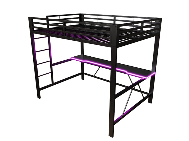  Lit mezzanine métallique gaming 140x200 cm - éclairage led, ports usb, bureau intégré - noir  - Conforama E