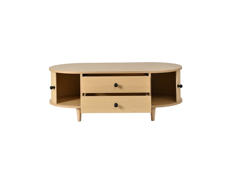  Table basse fixe avec tiroirs, bois clair, 100 x 50 x 36 cm, 2 tiroirs, portes coulissantes et pieds en bois massif  - Conforama A