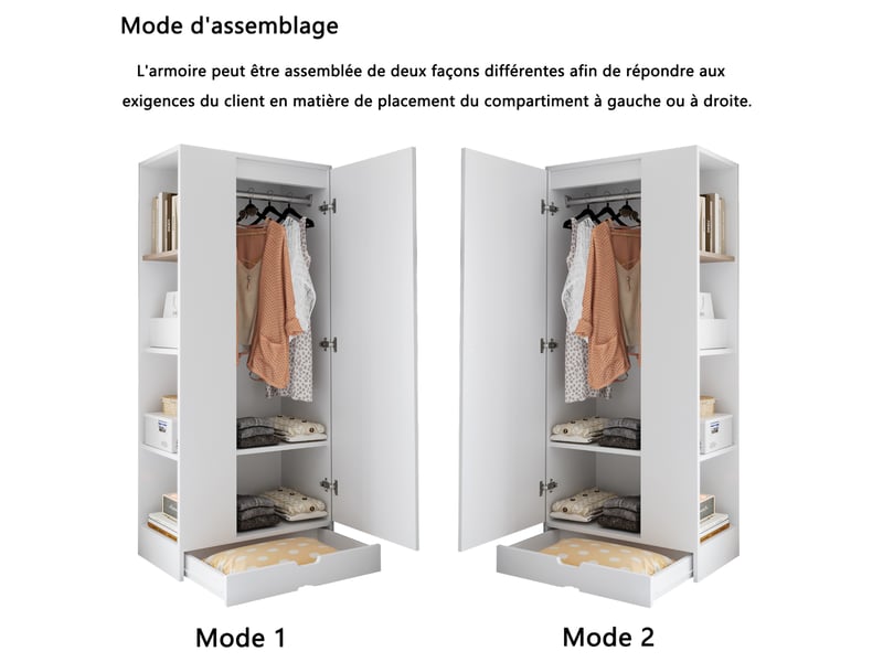 Armoire avec 1 porte, étagères et tiroirs, rangement modulable pour chambre ou bureau, en bois blanc, 70 × 40 × 170 cm - Conforama E