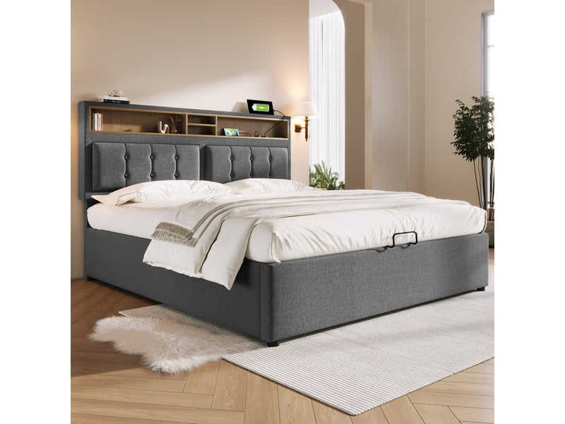  Lit capitonné double 140x200 cm en lin gris, rangement sous lit, usb-c, tête ajustable, matelas fourni  - Conforama D