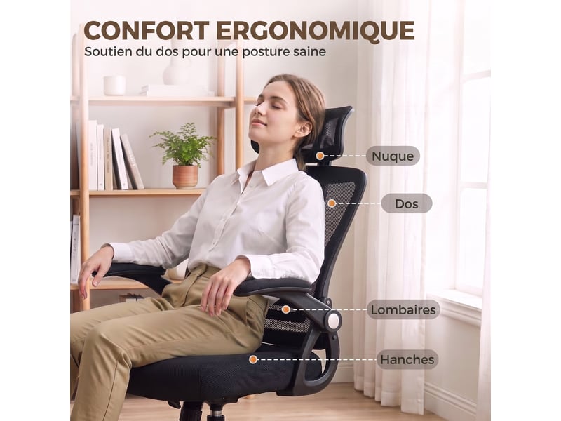  Chaise bureau ergonomique, accoudoirs relevables, appui-tête, fonction basculante, 59x62x125cm, hauteur réglable, noir  - Conforama E