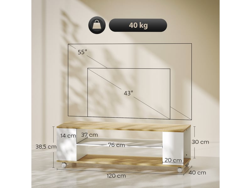  Meuble tv avec roulettes 120 cm, meuble télé pour téléviseur jusqu'à 55 pouces, blanc et naturel, 2 étagères ouvertes  - Conforama C