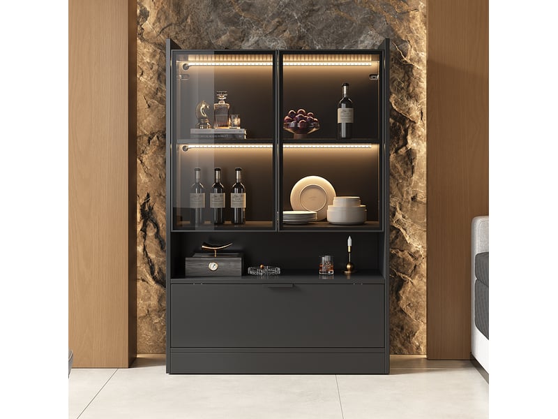  Vitrine tcqpz led 80 x 35 x 120 cm en panneaux de particules et verre trempé noir mat  - Conforama E
