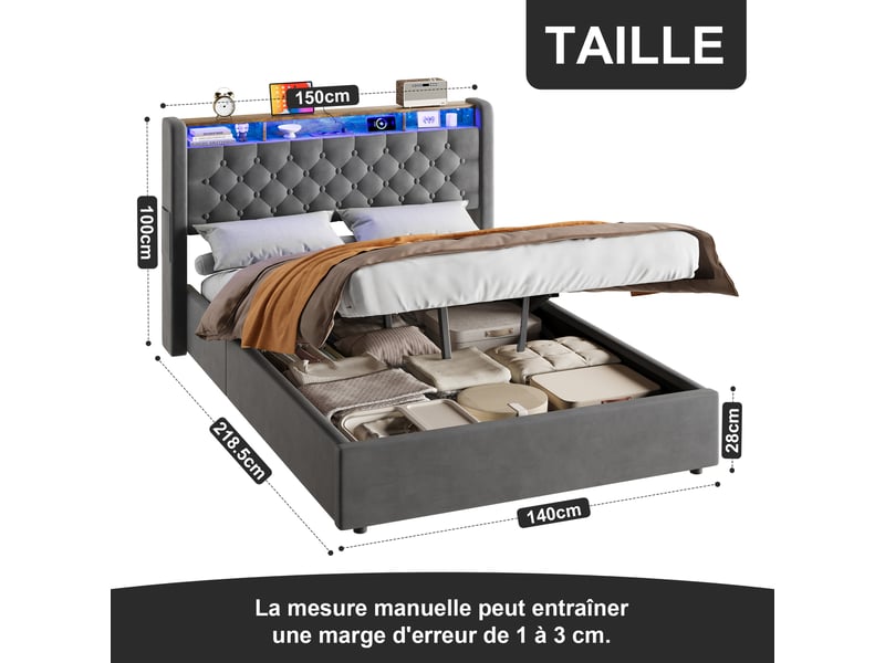  Tcqpz lit coffre 140x200 cm velours holland gris avec étagère de tête de lit  - Conforama C