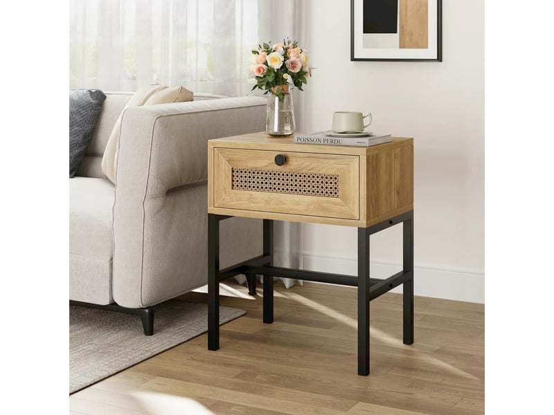  Table basse d'appoint en rotin bohème – tiroir et étagère ouverte – structure métal solide – pour salon, chambre ou dortoir PHO_0Z7F61E1 - Conforama B