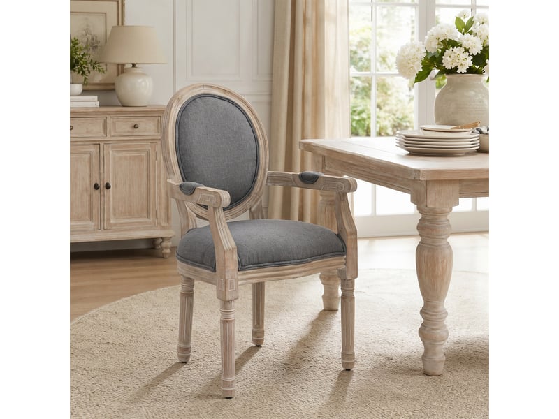  Chaise de salle à manger chaise de salon médaillon style louis xvi bois massif patiné sculpté tissu lin gris  - Conforama C