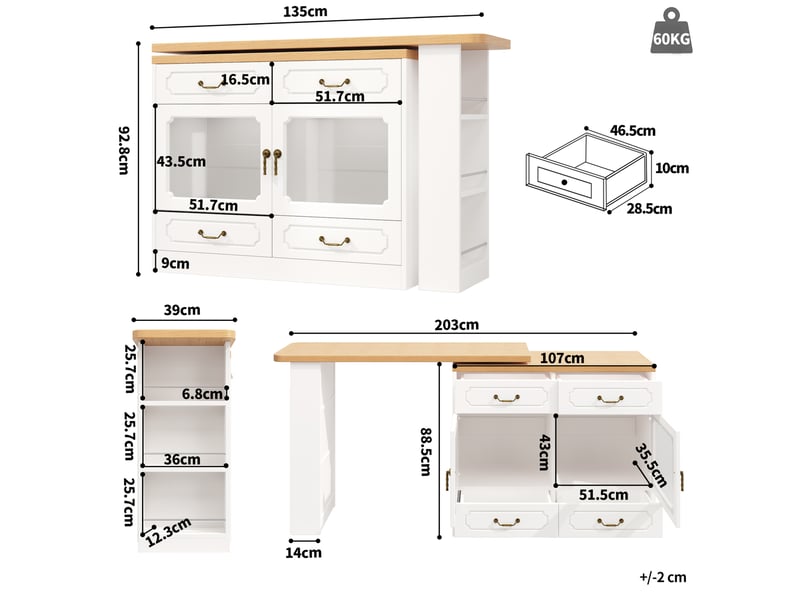  Table de bar extensible 135-203x39x92,8 cm blanc et naturel en mdf, avec rangement et led  - Conforama C
