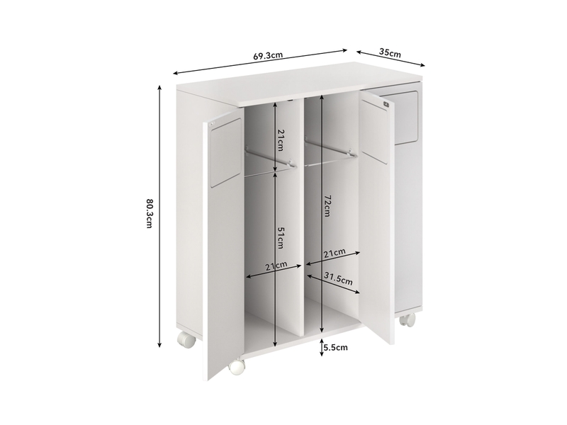  Meuble de tri des déchets 3 portes à roulettes 69,3x35x80 cm blanc brillant  - Conforama C