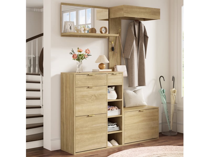 Ensemble d’entrée 4 pièces avec meuble à chaussures, banc, miroir mural et porte-manteau, 130x30x174 cm, naturel - Conforama W