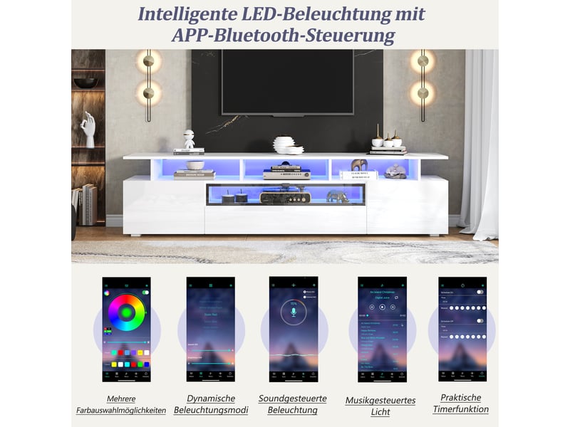  Meuble tv avec 2 portes, 1 tiroir et led pour salon 180×38×45 cm en panneaux de particules blanc  - Conforama D