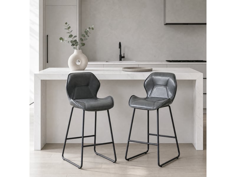  Tabouret de bar 2 pièces avec dossier ergonomique et repose-pieds, pour cuisine et bar, en simili cuir gris  - Conforama C
