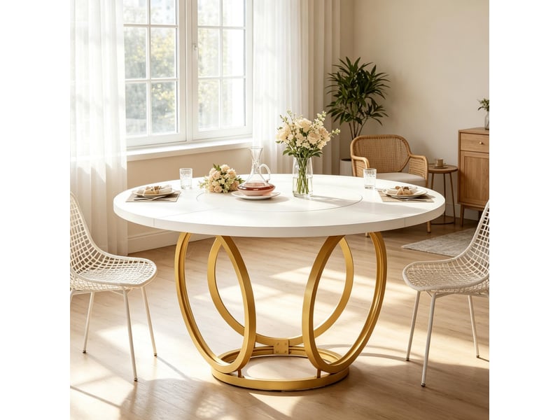  Table à manger ronde 120 cm blanche et dorée en mdf et acier, 4 à 6 personnes  - Conforama E