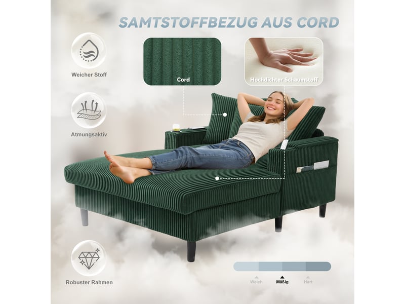  Canapé convertible en velours côtelé émeraude avec led et coffre, 129x170 cm, 1 place  - Conforama D