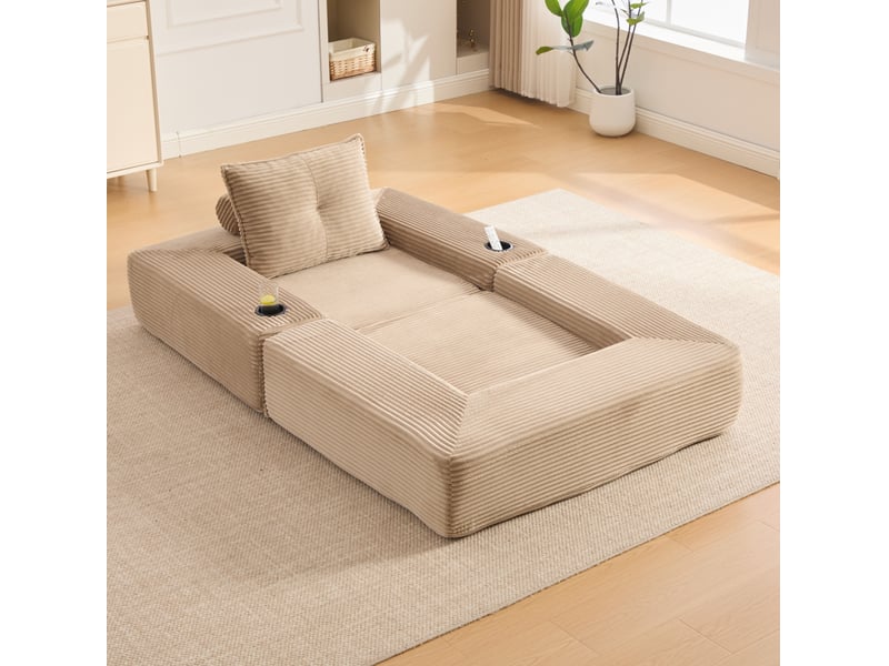Canapé convertible 1 place avec couchage, poches latérales, porte-gobelets et accoudoirs amovibles en velours côtelé kaki - Conforama B