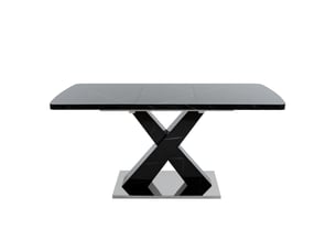 Table à manger extensible 120-160 cm, effet marbre noir, pieds x en mdf, base métal
