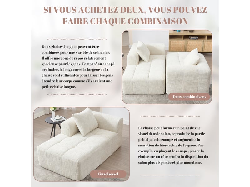 Méridienne fixe en chenille beige 158x90x60 cm avec coussin et poche latérale, assise moelleuse pour salon 158x90x60cm - Conforama R