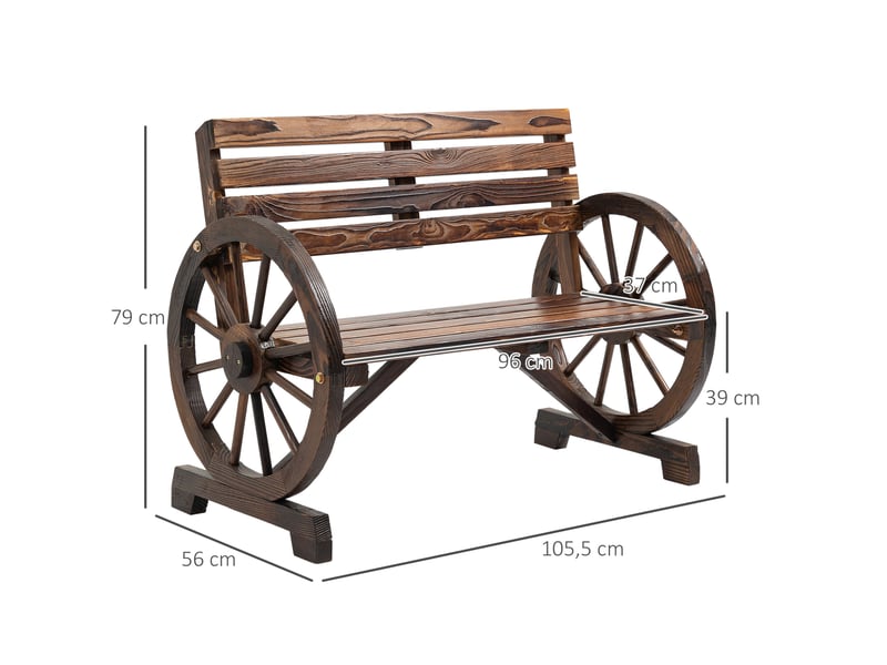 Banc de jardin 2 places 105,5x56x79 cm – marron – accoudoirs roues de chariot en bois, style rustique - Conforama C