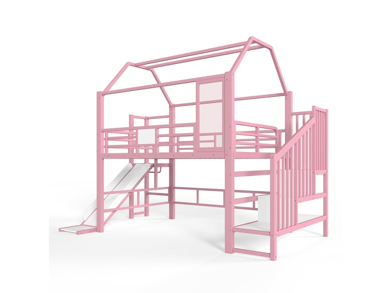  Lit mezzanine enfant rose 140 × 200 cm, forme maison, toboggan, escalier, rangement et led  - Conforama E