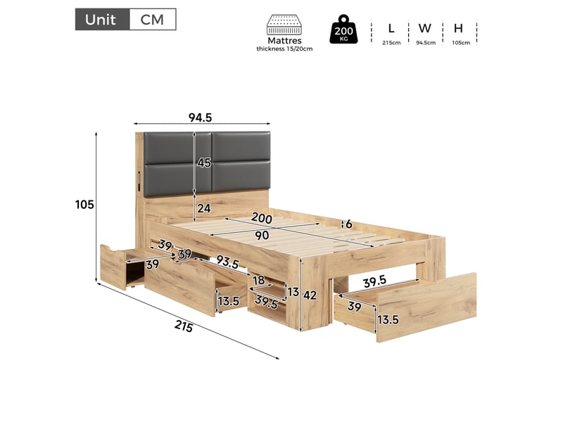 Lit simple enfant 90 x 200 cm avec usb, tiroirs et grand rangement, tête de lit rembourrée en pu, sans matelas, mdf, naturel OMNIGLINT TRADING LTD - Conforama D