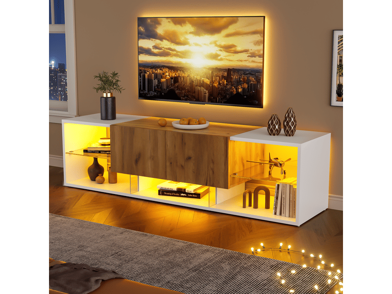  Meuble tv 160x40x42 cm avec led et 2 tiroirs, banc tv à 3 niveaux avec étagères en verre, structure en panneaux de particules, blanc et effet bois OPULERANE TRADING LTD - Conforama D