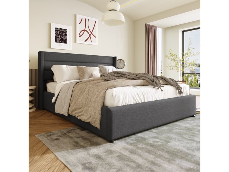  Lit rembourré 140x200cm avec coffre hydraulique, lin gris, matelas inclus, sommier à lattes et tête capitonnée  - Conforama C