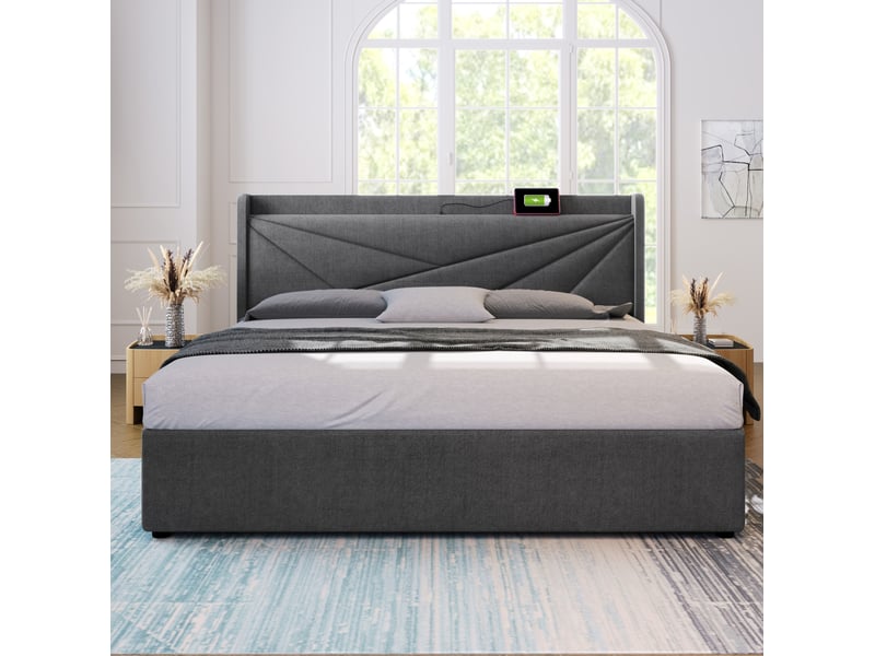 Lit coffre 160x200 avec usb et type-c gris cravdom - Conforama D
