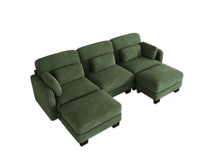 Canapé droit modulable 253 cm 3 places avec 2 poufs, coussins d’accoudoir amovibles, coussins lombaires épais à soutien renforcé, chenille, vert