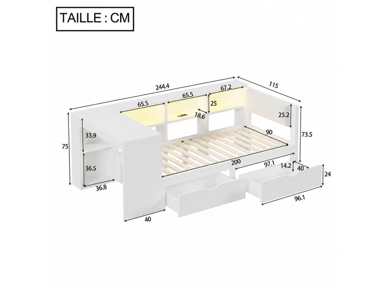  Lit avec rangements 90x200 cm, lit simple avec tiroirs, étagères et led multicolores, prise usb intégrée, tête en lin - blanc  - Conforama C
