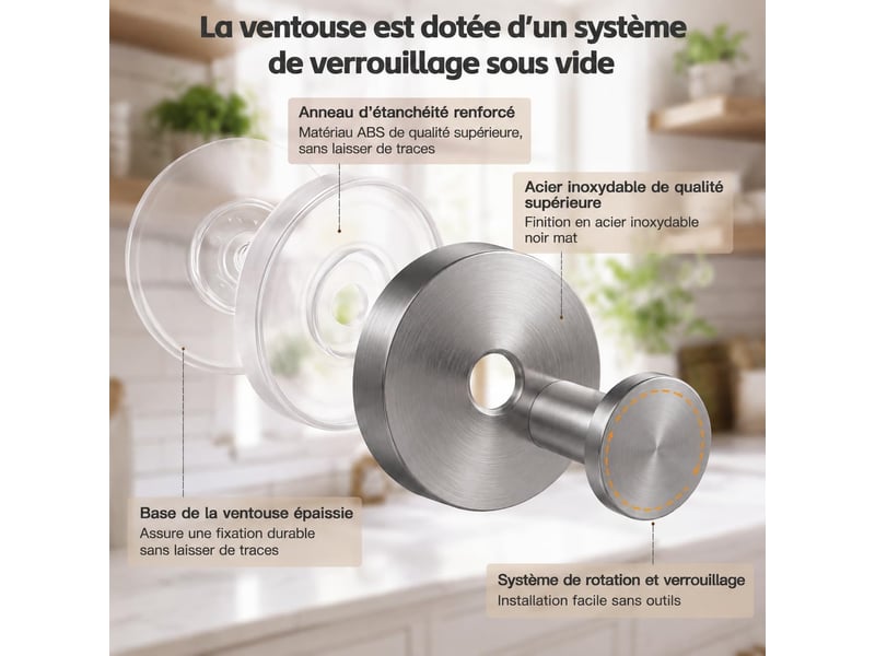 Lot de 2 crochets muraux à ventouse argentés - fixation sans perçage, réutilisables et étanches pour salle de bain, cuisine et douche, gris - Conforama D