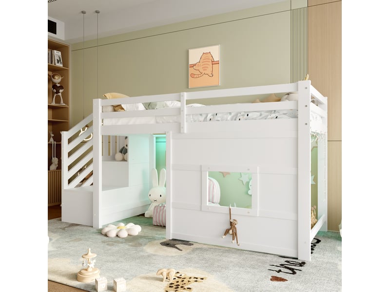  Lit mezzanine enfant 90x200 cm avec escalier, fenêtre et éclairage led blanc  - Conforama D