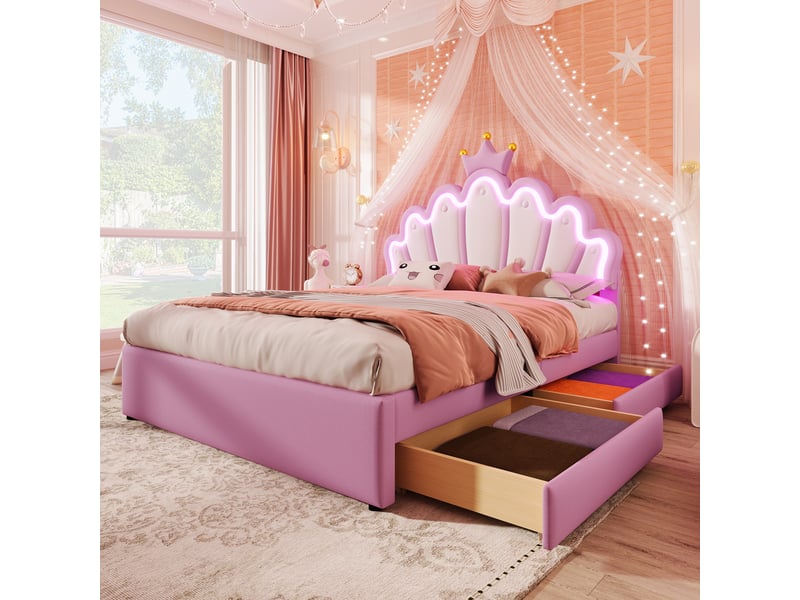  Lit enfant 140x200 cm avec led, tiroirs, sommier et tête réglable, lit princesse, pu rose, sans matelas  - Conforama B