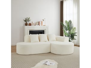 Canapé d’angle en l 3 places droit compressé, design arrondi beige, mousse douce, tissu, design moderne