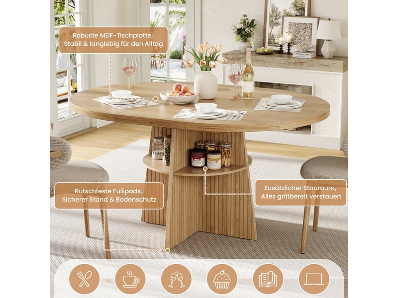 Table à manger extensible 110-150x110x77,5 cm, ronde à ovale, 2-8 personnes, plateau mdf, rangement intégré, gain de place - naturel - Conforama E