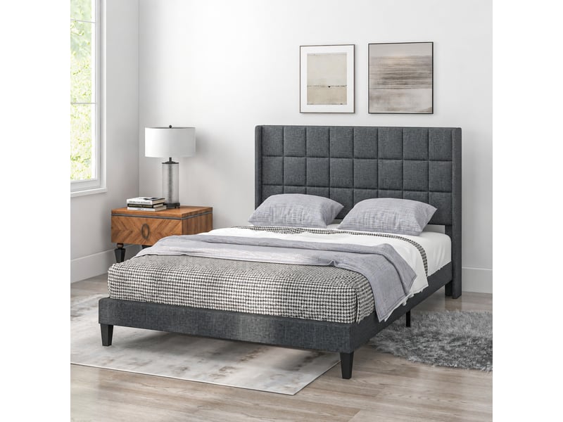 Lit double 135 x 190 cm avec tête capitonnée à oreilles et lattes en bois, tissu aspect lin gris - Conforama B