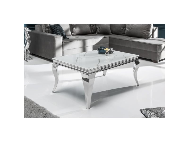  Table basse velena 100 cm effet marbre blanc avec verre trempé – pieds galbés argentés  - Conforama D