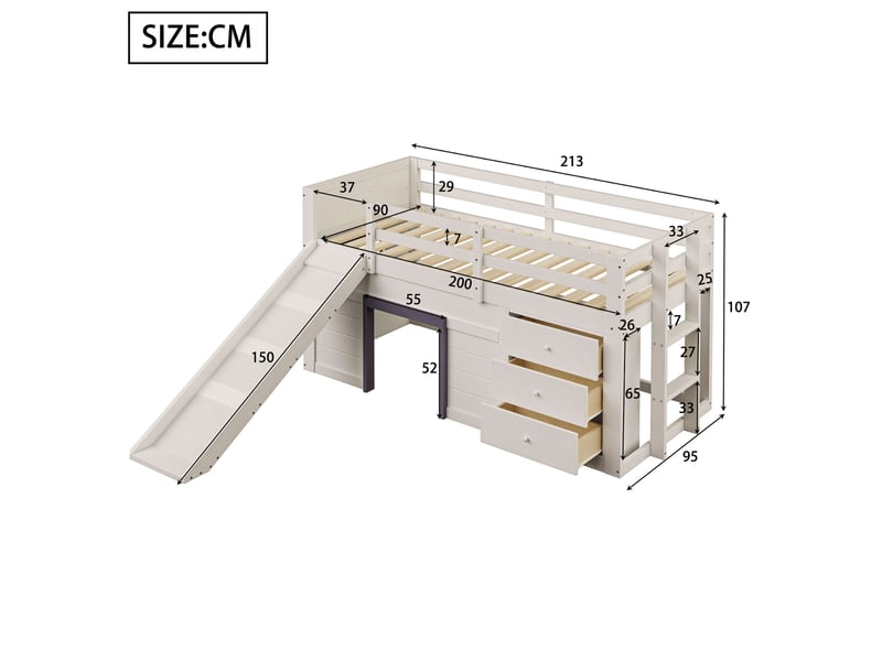 Lit mezzanine 90 × 200 cm 1 place avec toboggan, 3 tiroirs et 2 portes, sans matelas, en bois, crème - Conforama D