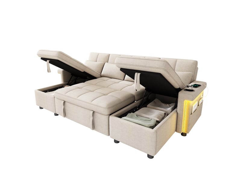 Canapé d'angle en u convertible, 2 méridiennes coffre, led, usbtype-c, dossier réglable, porte-gobelets, chenille beige - Conforama A