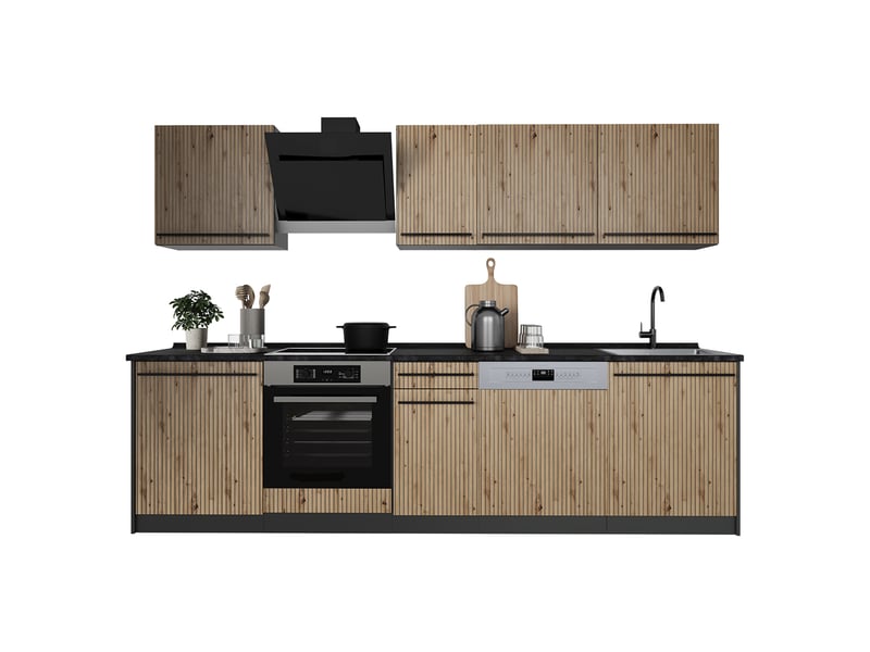 Vicco cuisine, chêne artisananthracite, 280cm plan de travail chêne doré  - Conforama E