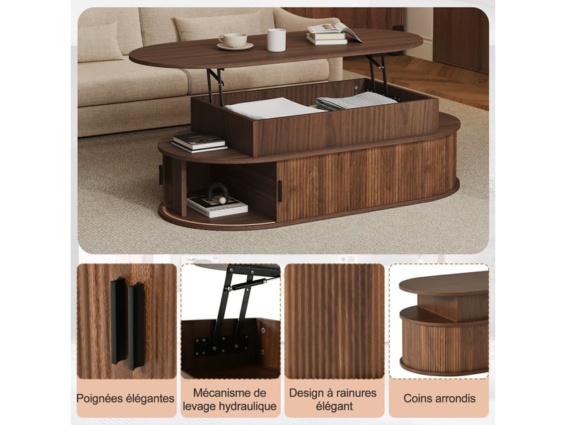  Table basse 100x50x40 cm - éclairage led - grand rangement - réglable en hauteur - mdf - usage quotidien - design moderne - noir et bois naturel CozyNest - Conforama E