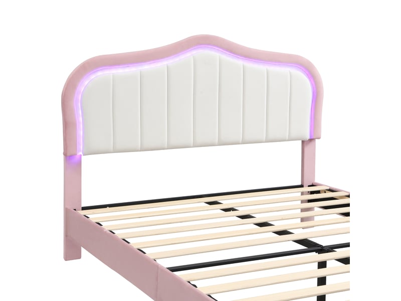  Lit enfant 140x200 cm avec 2 tiroirs et led contrôlée par application, en velours rose, sans matelas  - Conforama E
