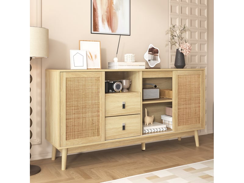 Buffet bas modenvie 155 x 38 x 80 cm 3 portes coulissantes en rotin 2 tiroirs bois clair - Conforama E