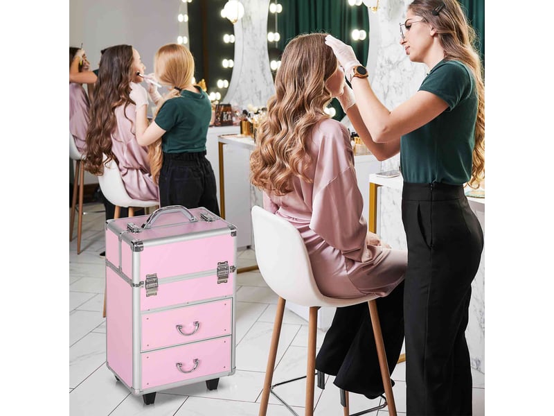 Valise trolley maquillage mallette cosmétique vanity poignée télescopique réglable 36l x 23l x 58h cm alu abs rose - Conforama C