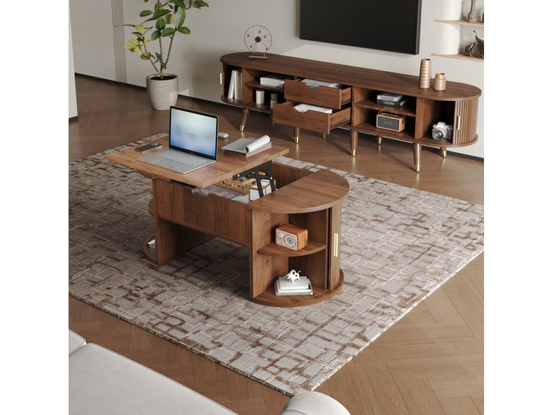  Ensemble meuble tv 175 cm et table basse ovale relevable en mdf noyer, 2 pièces  - Conforama D