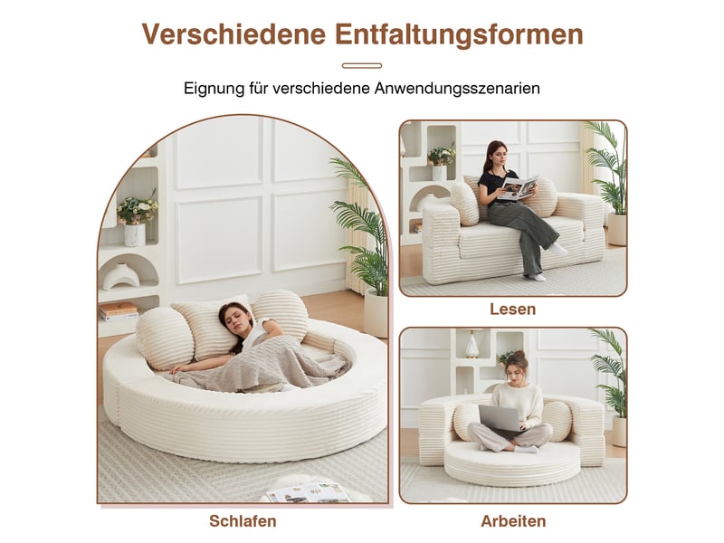 Canapé convertible 1 place 4 en 1, canapé compressé en mousse, modulable en sofa semi-circulaire et lit rond, 3 coussins, velours côtelé beige - Conforama E