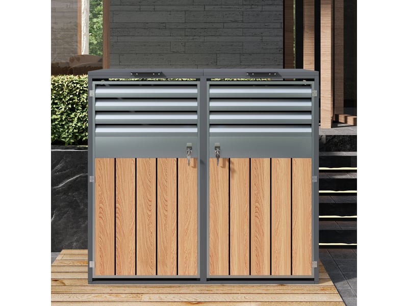  Cache-poubelles 2 compartiments avec couvercle rabattable, ventilation à lames, métal gris  - Conforama B